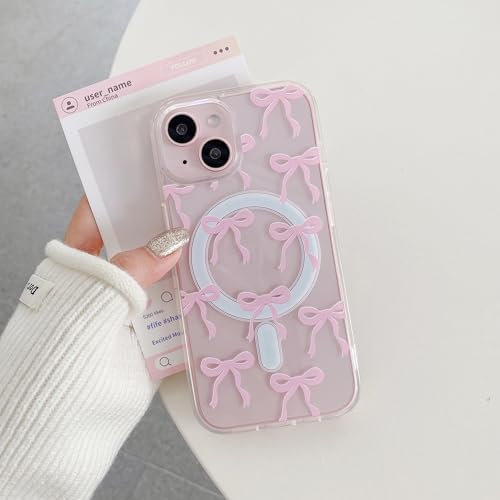 UEEBAI Magnetisch Hülle für iPhone 13/iPhone 14, Niedliche Silikon Tansparent Handyhülle mit Schleife Schutzhülle mit Kabelloses Laden, Weiche Bumper Cover Case für Frauen Mädchen, Rosa