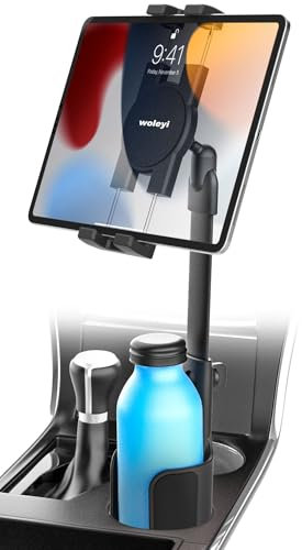 woleyi Soporte Tablet Coche Posavasos Altura Ajustable[Puede Contener Botellas] Soporte Tablet Coche Vaso con Brazo Telescópico Aluminio para iPad Mini Air Pro, Galaxy Tab, Kindle, Móvil, 4-13