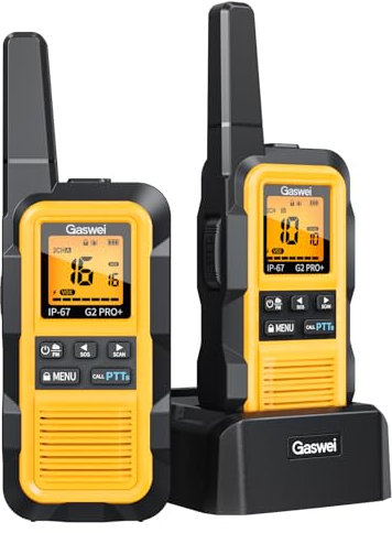 Gaswei G2Pro Professionelle Walkie-Talkies für Erwachsene [IP67 wasserdicht & schwimmfähig] Langstrecken-Funkgerät mit Doppel-PTT, VOX,SOS,FM-Radio + Akku für Outdoor, (2er-Set in Gelb)