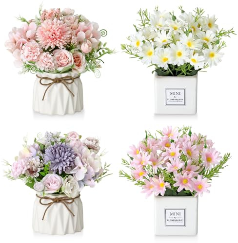 Betylifoy Plantas Artificiales de Flores Artificiales en Maceta de Cerámica 4 Unidades Flores Falsas Flores de Seda Pequeñas Plantas Falsas para Decoración de Mesa Oficina Estantería