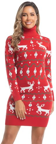 Avacoo Robe Noël Femme Midi Élégante 2025- Pull Col Roulé Manches Longues Hiver - Taille Haute en Laine Douce - Style Tunique Chic pour Bureau ou Sortie 38/Rouge