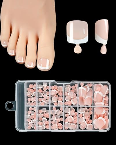 GAJUS 120 Pezzi Falsi Unghie dei Piedi French Press On Toenails, 12 Misure con Copertura Completa French Tip, Unghie Finte Lucide Adesive per Donne e Ragazze, Design Elegante e Confortevole
