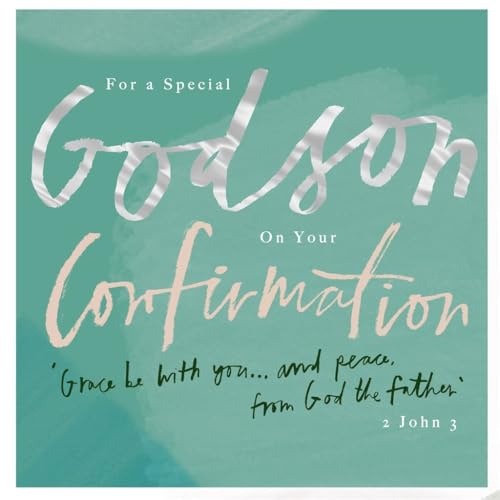 Religious Confirmation Card for Godson, Teal and Silver Design with Bible Verse from 2 John 3, Christian Greeting Card