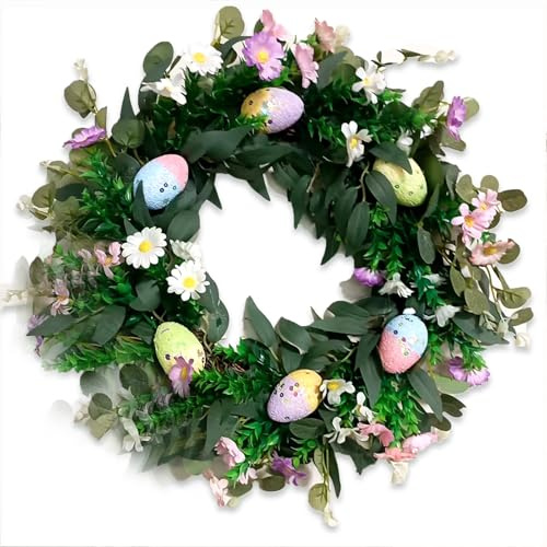 Corona Decorativa de Pascua sintética,40CM Guirnalda de Pascua Guirnalda de Huevo Flor Artificial Guirnalda de Primavera Festival Guirnalda Guirnalda Puerta Delantera Decoración de Pascua (AA)