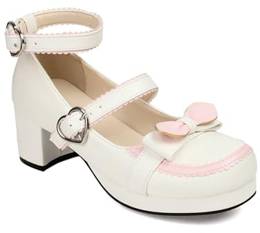 Genérico Mujer Tacón De Bloque Grueso Zapatos Lolita Correa En El Tobillo Mary Jane con Lazo Punta Redonda Plataforma Zapatos De Vestir,Blanca,41 EU