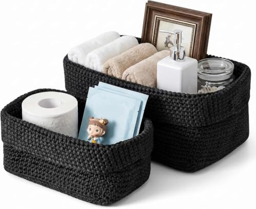 Dexpally 2 Pièces Panier De Rangement Salle De Bain Panier Crochet Tissé, Panier À Maquillage, Panier De Rangement, 29x15x18,5cm & 21x13x15,5cm Pour Serviettes Invités Panier Étagère Tressé Noir
