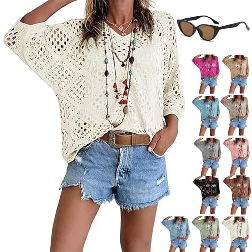 LLELEMAMO Jersey de Ganchillo Beige para Mujer Estilo Bohemio, Top de Punto Calado Casual, Pareo de Playa y Vacaciones, Pullover Ligero con Cuello en V (M,H)