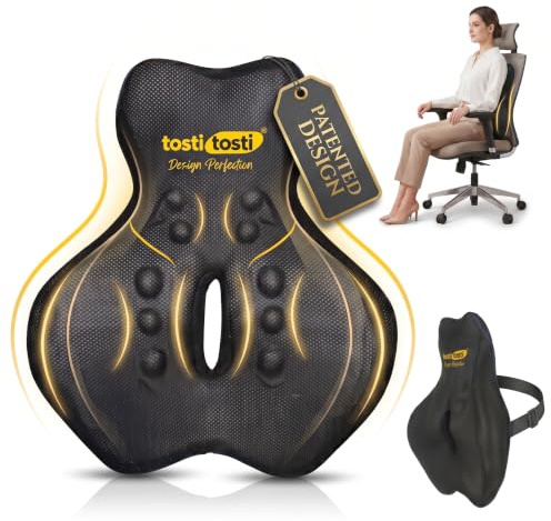 TostiTosti Patented Lumbar Support Cushion for Office Chair & Car | Odour-Resistant Activated Charcoal Memory Foam Back Pillow with Adjustable Strap, Non-Slip Base, Removable Cover & Carry Bag