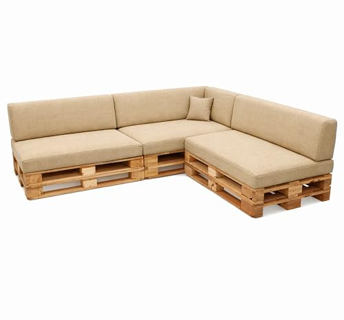 POKAR Euro Pallet Seating Set of 8: 3x seats 120x80cm + 3x back cushions 120x40cm+ 1x side cushion 60x40cm + 1x decorative pillow 40x40cm, cold foam, Garden Furniture, without pallets, beige