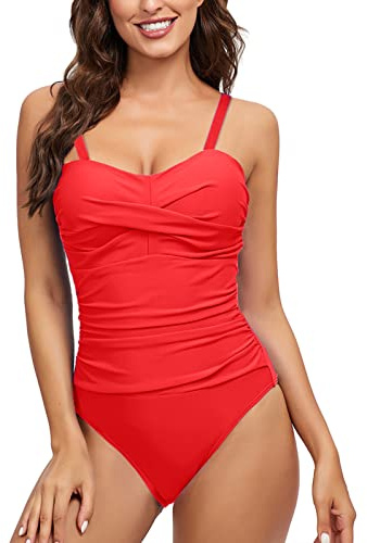 heekpek Traje de Baño Una Pieza para Mujer Bañadores Mujer Reductores Cuello en V Pliegues Bañador Bikini Retro, Rojo, XL