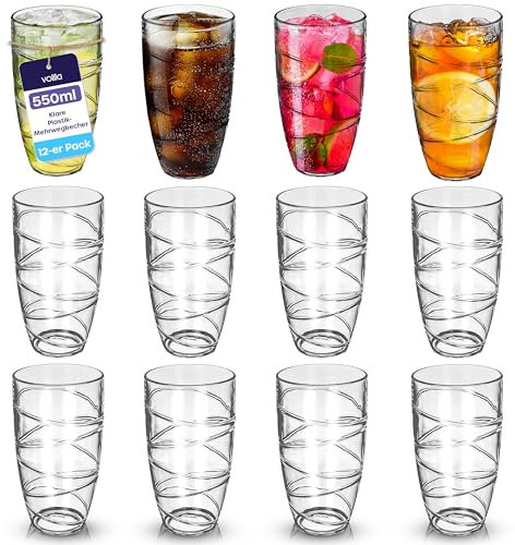 volila Arylic Plastikbecher 550ml/19oz – 12er Pack Klar Stapelbarer Trinkbecher – Wiederverwendbarer und Bruchsicherer Becher Plastik für den täglichen Gebrauch, Partys und Picknick