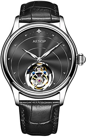 Aesop Tourbillon Orologi da polso da uomo Orologi meccanici a carica manuale Scheletro Acciaio inossidabile Cristallo di zaffiro Orologio da uomo classico impermeabile da uomo 7048(Nero/Pelle)