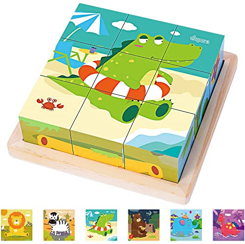 Japace Würfelpuzzle, 3D Bildwürfel Puzzle Spiele 6 in 1 Tier-Motive Holzpuzzle für Kinder ab 1 2 3 4 Jahre, Montessori Lernspielzeug Geschenk für Jungen und Mädchen