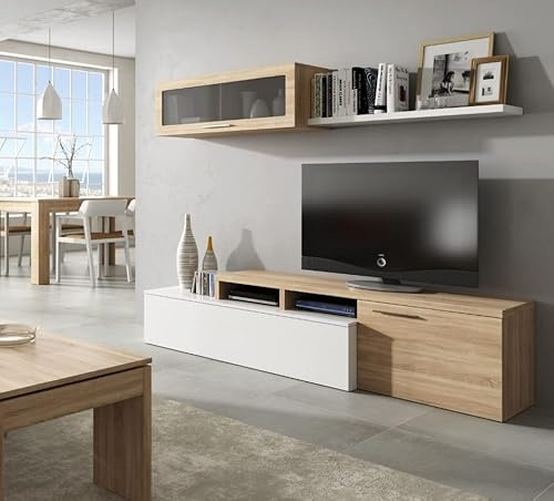 CAESAROO Parete attrezzata Porta TV 200 cm Nova Bianco Lucido e Rovere Canadese - Bianco Lucido/Rovere Canadian