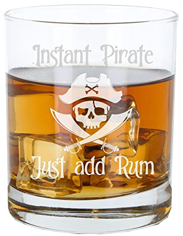 Always Looking Good Vaso de ron pirata grabado con texto en inglés Instant Pirate Just Add Rum, diseño de calavera y huesos cruzados, vaso divertido de pirata, regalo novedoso para los amantes del