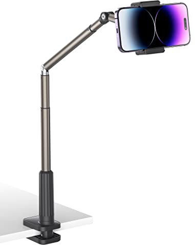 JSAUX Phone Holder for Desk and Bed, Flexible Phone Stand Universal 360 Lazy Long Arm Clamp Clip Phone Mount for Table Bedside Compatible with iPhone 14 13 12 11 etc. [Black]