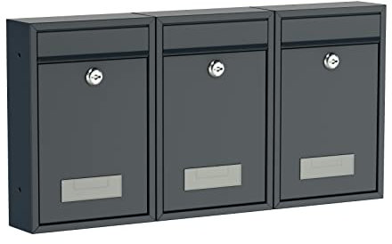 BASI | Lot de 3 boîtes aux Lettres murales compactes | Format DIN B5 | Acier Anthracite Mat | Plaque Nominative | 2 clés chacune | Matériel de Fixation Inclus | Ensemble 3 pièces