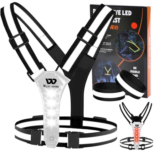 West Biking LED Reflective Running Vest, USB Rechargeable Running Lights for Runners, Elastic Adjustable Reflective Running Gear, High Vis Running Vest with Armbands for Walking Running Cycling(Black)