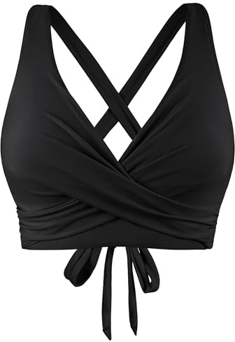 Firpearl Women's Black Bikini Top Push Up Swimsuits with Underwire Bra Support Criss Cross Tie Back Bathing Suit Tops US10-12