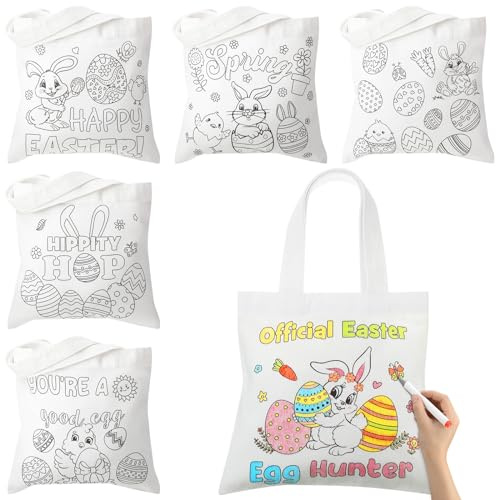 Locmeo 24 Pcs Easter Color Your Own Tote Bag 8.6 x 8.6 Reusable Canvas Coloring Goodie Bags DIY Party Favor for School Home Painting Art Crafts Activities