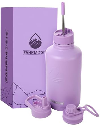 FAHRMOSIS 64 Oz Water Bottle with Straw Stainless Steel Sports Water Bottle with 3 Lids (Straw, Chug and Flip Lid) Leak Proof Metal Half Gallon Jug for Men & Women - Lavender