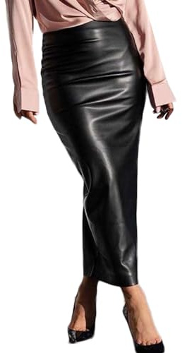 Generic Jupe Femme Mi Longue - Jupe en Cuir Taille Haute Sexy avec Fentes Et Style Punk Moulant pour Les Femmes Jupe Noir Cuire