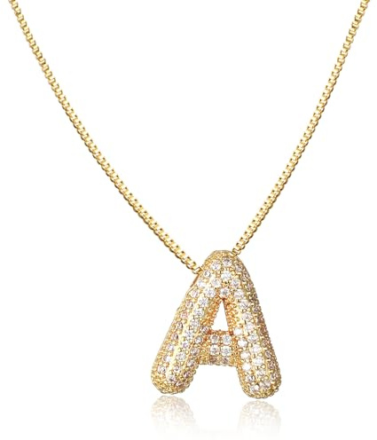 AFSTALR Women's Bubble Letter Chain Gold/Silver Ice Out Balloon Necklace with Initial Pendant Bubble Jewellery 45 + 5 cm, Stainless Steel Gold A