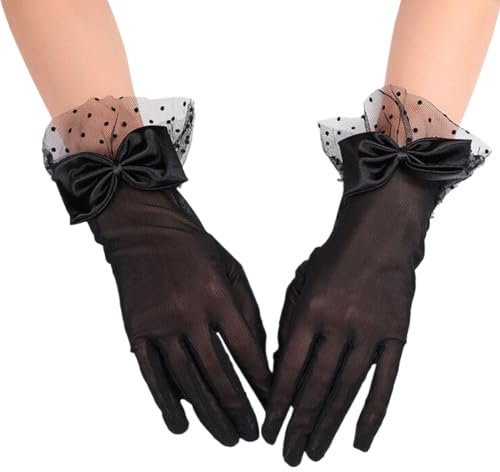 Netzhandschuhe Schwarz Damen, Elegante Kurze Spitzenhandschuhe, Schwarz Kurze Lace Gloves Damen, für Opernball Cosplay 1980er Partykleidung