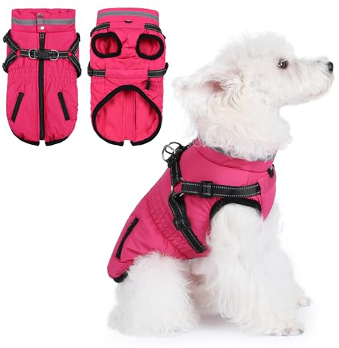 Dog Coat With Harness - Waterproof Winter Jacket for Small Medium Large Dogs, Warm Cold Weather Coat With Built-In Harness (rose red, M)