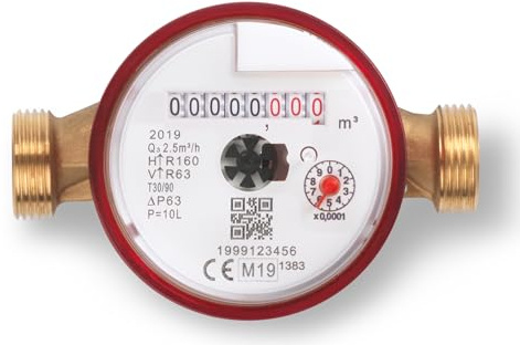CONTATORE ACQUA fino a T90° DN15 (1/2) - PRODOTTO IN ITALIA - CERTIFICATO PER ACQUA POTABILE (DM174/2004 e MID) CORPO IN OTTONE-COMPLETO di RACCORDI e GUARNIZIONI-Lungo 110mm-con COPERCHIETTO
