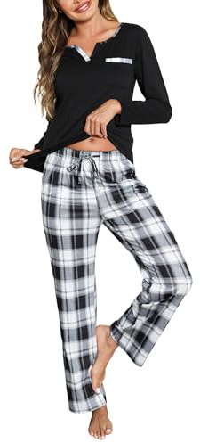 Pijama Invierno Algodón para Mujer - Conjunto con Camiseta Manga Larga y Pantalones Largos a Cuadros - Ropa de Dormir con Bolsillos y Cordón
