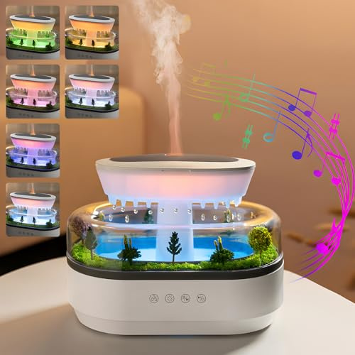 Holwim Eterisk olja flamspridare 250 ml moln regn luftfuktare vattendroppare aromaterapi diffusor luftfuktare med 7 färger ljus, mikrolandskap, vitt brus, automatisk avstängning för