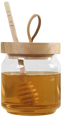 Lxoraziy 500 ml Honey Dispenser, Honey Jar with Spoon, Sealed Glass Container with Wooden Lid, Wide Mouth Honey Storage Jar for Syrup, Beehive, Kitchen Storage