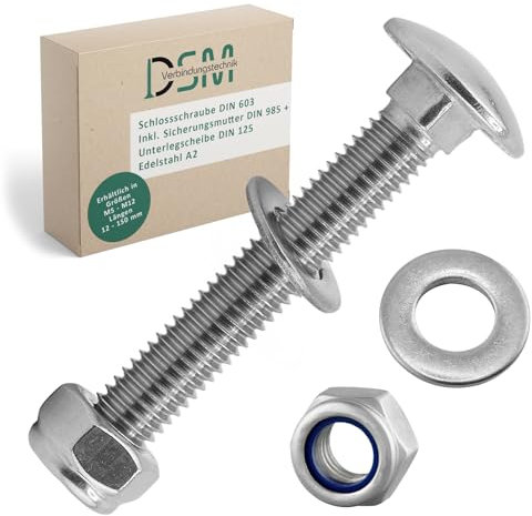 DSM – Tornillos M8 x 130 mm según DIN 603 – Tuerca de seguridad M8 DIN 985 y arandela DIN 125 – Acero inoxidable A2/V2A – Tornillos de cabeza redonda plana con cuello cuadrado – Tuercas de tope – 2