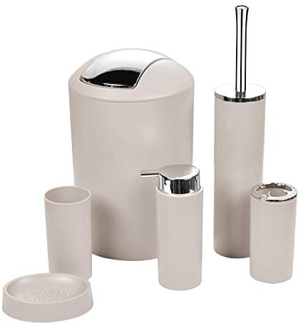 Set di accessori da bagno, 6 pezzi, set da bagno beige con cestino, scopino, dispenser per sapone, portaspazzolino, tazza e portasapone, in plastica resistente, design moderno per la casa o come
