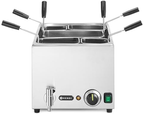 HENDI Cuocipasta Professionale 25 L con 5 Cestelli, Termostato 45–110°C, Rubinetto di Scarico con Blocco Meccanico, 230V/3500 W, 601x326x(H)279mm, Acciaio Inossidabile