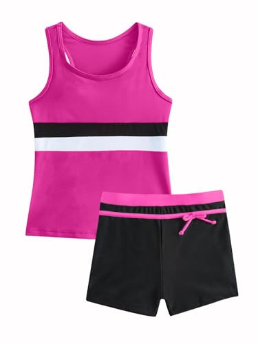 JiAmy flickor 2-delad tankini baddräkt sportig badkläder set, ärmlös racer back top och badshorts, färgblock randig baddräkt för barn 5–12 år