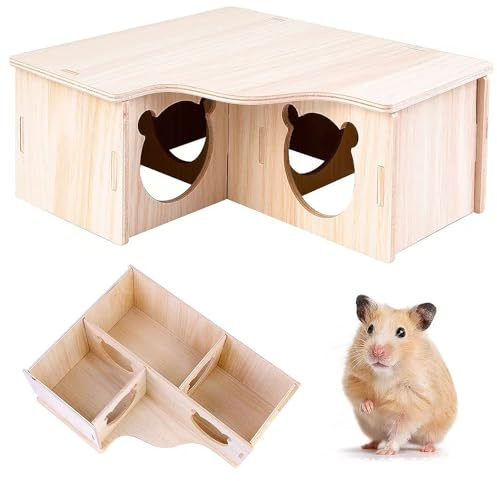 Pyralidsg Casa Hamster, 22.5 x 18.5cm Desmontable Natural Casa Cobaya, 3 Habitaciones Madera Escondite de Hámsters, Refugio y Segura para Jerbos Ratones Hámsters