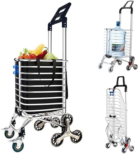 Carrello per salire le scale a 8 ruote, capacità 51 kg, pieghevole, con manico girevole a 360° e piastra di copertura per un facile trasporto in magazzino e spesa