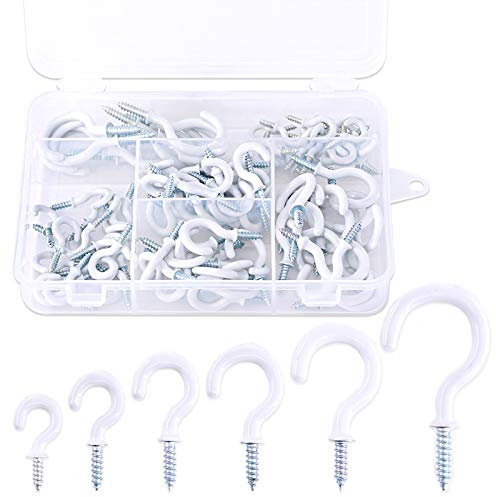 GLARKS 100-Pieces 6 Sizes White Vinyl Coated Cup Hooks Screw-in Ceiling Hooks Screw Hooks Mug Hooks Hangers Assortment Kit for Home and Office Use