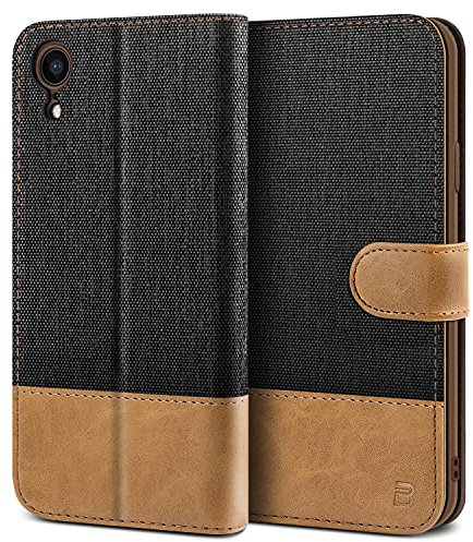 BEZ iPhone XR Case, iPhone XR Phone Case Compatible for iPhone XR, Wallet Cover [Canvas Faux Leather] with Credit Card Holders, Kick Stand, Magnetic Strap Closure, Black