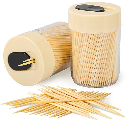 Urbanstrive Sturdy Safe Toothpick Holder with 800 Natural Wood Toothpicks for Teeth Cleaning, Unique Home Design Decoration, Unusual Gift, 2 Pack, Beige