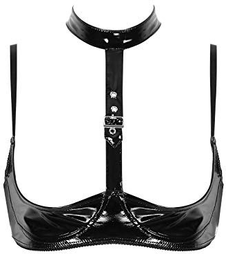 Zaldita Womens Lingerie Wet Look Patent Leather Buckled Halter Neck Wire-Free No Pad Quarter Cup Bra Top Black S