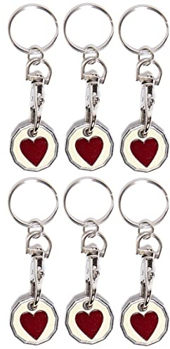 Craft 4 You Pack of 6 x Shopping Trolley Token UK Keyring £1 Coin Shape Pound Tokens Key Ring for Supermarkets Locker Gym (6 x Heart)