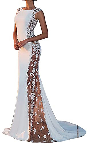 Vestido de Noche de Boda de Sirena para Mujer, Vestidos Largos de Cóctel para Dama de Honor Apliques de Encaje Vestidos de Graduación Vestido de Novia Largo hasta el Suelo