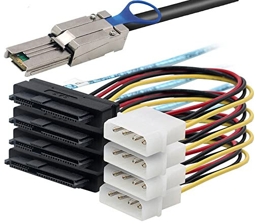 Allowish Mini SAS HD SFF-8088 26P to 4 Ports SAS SFF-8482 Server Adapter Cable with Power (0.5m,Black)