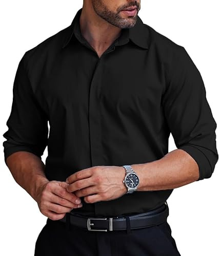 COOFANDY Mens Business Casual Shirt Covered Placket Button Up Long Sleeve Performance Suit Shirt for Men Relaxed Fit No Wrinkle Fitted Wedding Outfits Black XL
