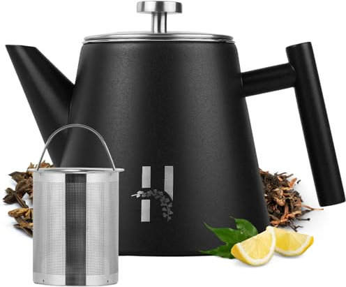 Théière isotherme Hanamura avec infuseur - en acier inoxydable à double paroi 1L - noire moderne pour thé et tisane