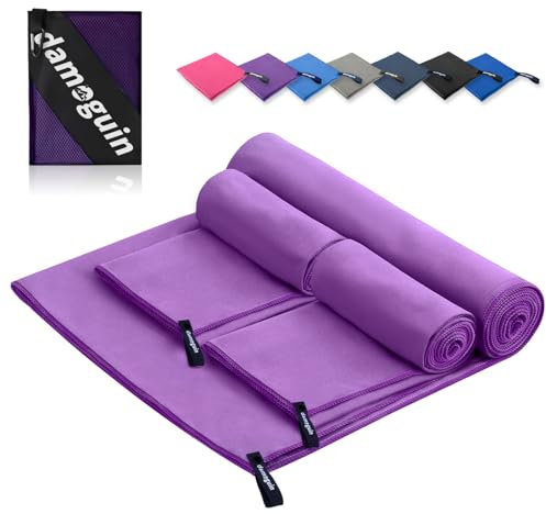 damoguin 3er-Set Mikrofaser Handtuch, Groß (180 * 80cm) & 2 Stück Klein (80 * 40cm) Schnelltrocknende Microfaser Fitness Handtücher, als Sporthandtuch, Strandtuch, Badetuch und Reisehandtuch (Lila)