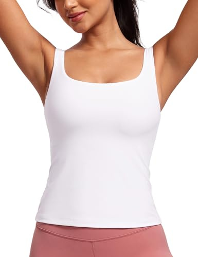 CRZ YOGA Women's Butterluxe Workout Square Neck Tank Tops with Built in Bra Padded Yoga Top Gym Athletic Sleeveless Camisole White 10